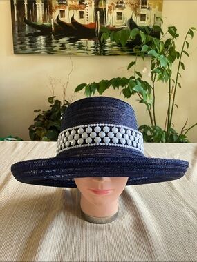 Chic Navy Wide Brim Hat with White Beaded Band